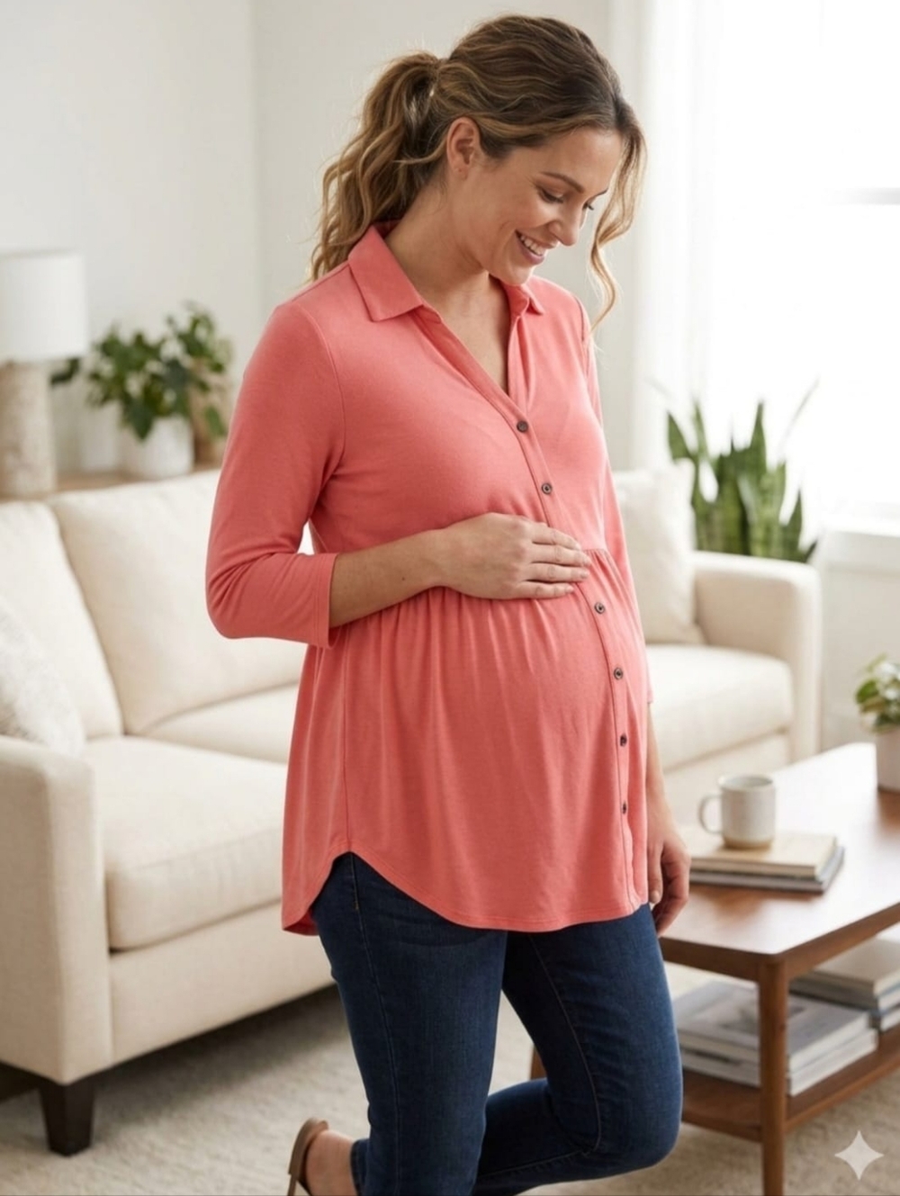 Motherhood Coral Button-Front Empire Waist Tunic